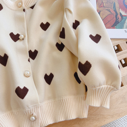 Children's Knitted Cardigan Spring and Autumn Girls' Fashion Lantern Sleeve Heart Sweater Coat Korean Version Little Chiffon Top