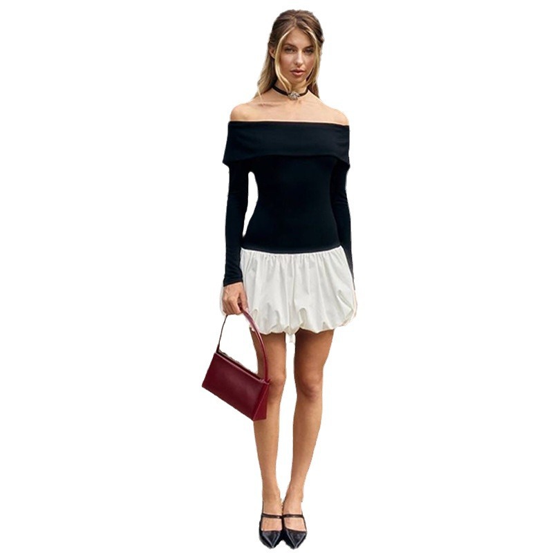 2024 otoño estilo europeo y americano temperamento de moda moda de cuello larga manga abierta costura corta vestido de mujer