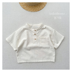 輕薄有型~夏季自製款兒童棉麻上衣男女童肌理感白色立領短袖襯衣