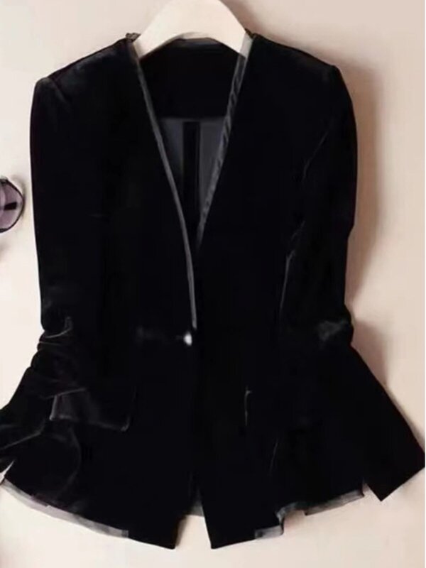 Velvet Blazer for Women, Korean Style, Short, Slim-Fit, Single Button, Trendy Casual Suit Jacket for Spring and Autumn