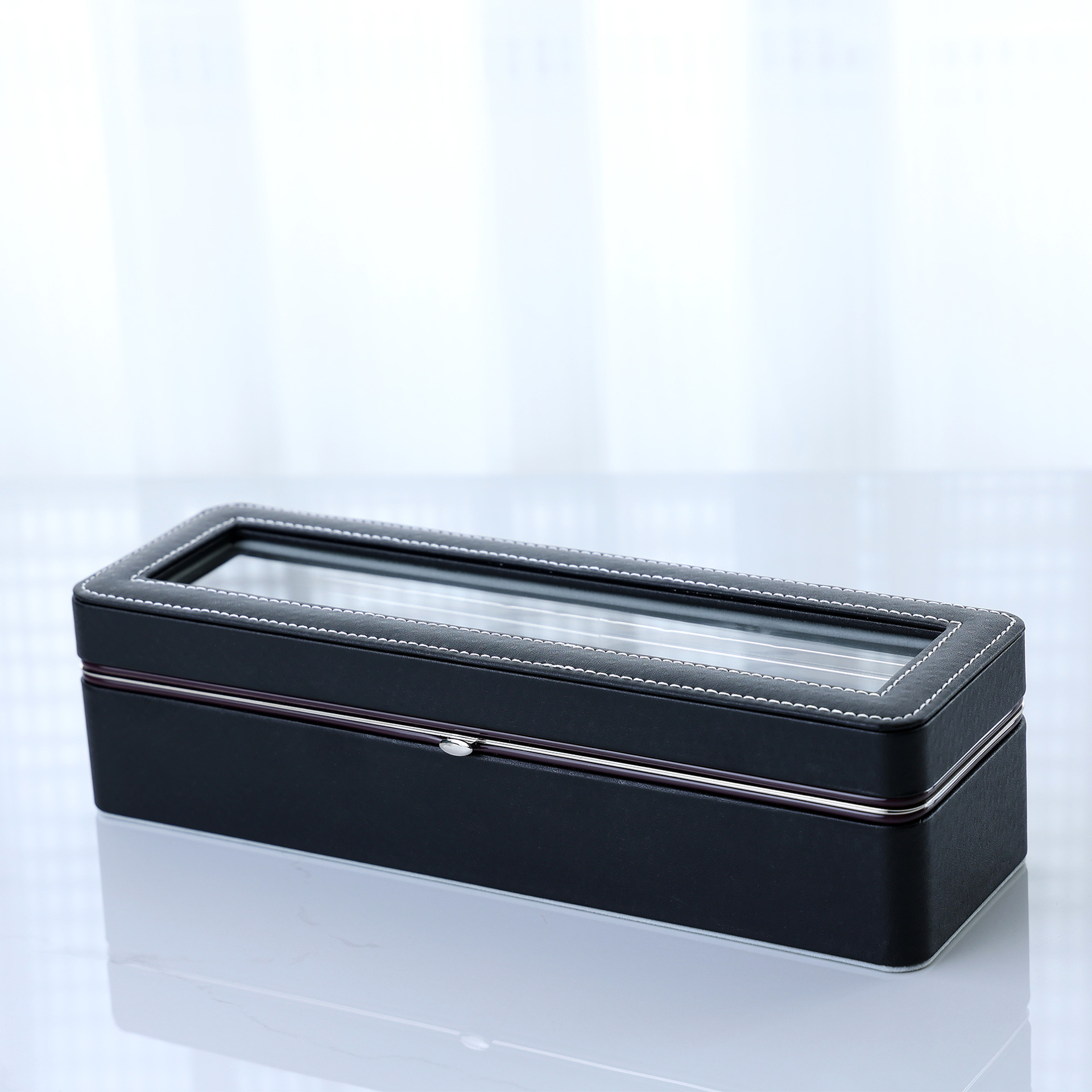 Jinqi embalaje de alta gama PU cuero metal borde hierro bisagra 6-bit caja de reloj joyería de almacenamiento caja de embalaje de visualización