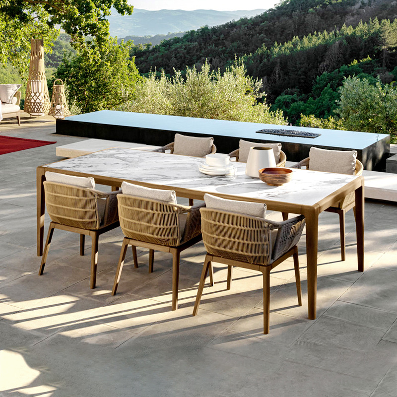 Mesa de comedor y silla de madera de teca al aire libre combinación villa muebles de jardín B & B patio al aire libre silla de ratán de estilo de ocio nórdico