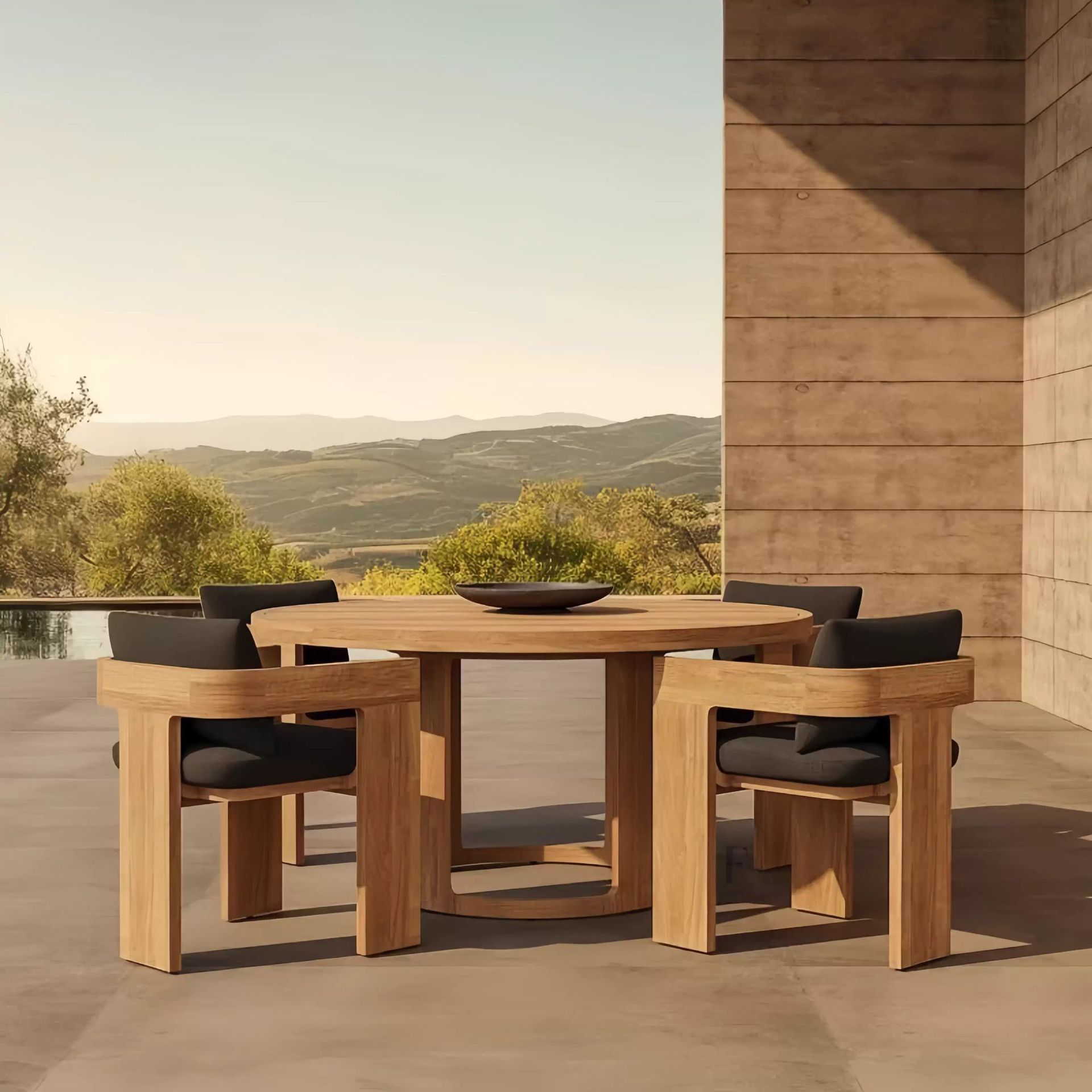 Mesa y silla de madera maciza al aire libre patio hotel impermeable al aire libre protección solar alojamiento residencial de madera mesa y silla de comedor muebles de exportación