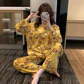 长袖睡衣女春秋加大码睡衣女夏韩版可外穿女士睡衣加肥家居服套装