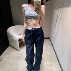 【深圳南油】夏秋新品微标字母装饰百搭显瘦绑带天丝牛仔直筒长裤