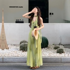 INS CEC ファッションシフォン日焼け止めチュールロング海辺休暇サスペンダードレス