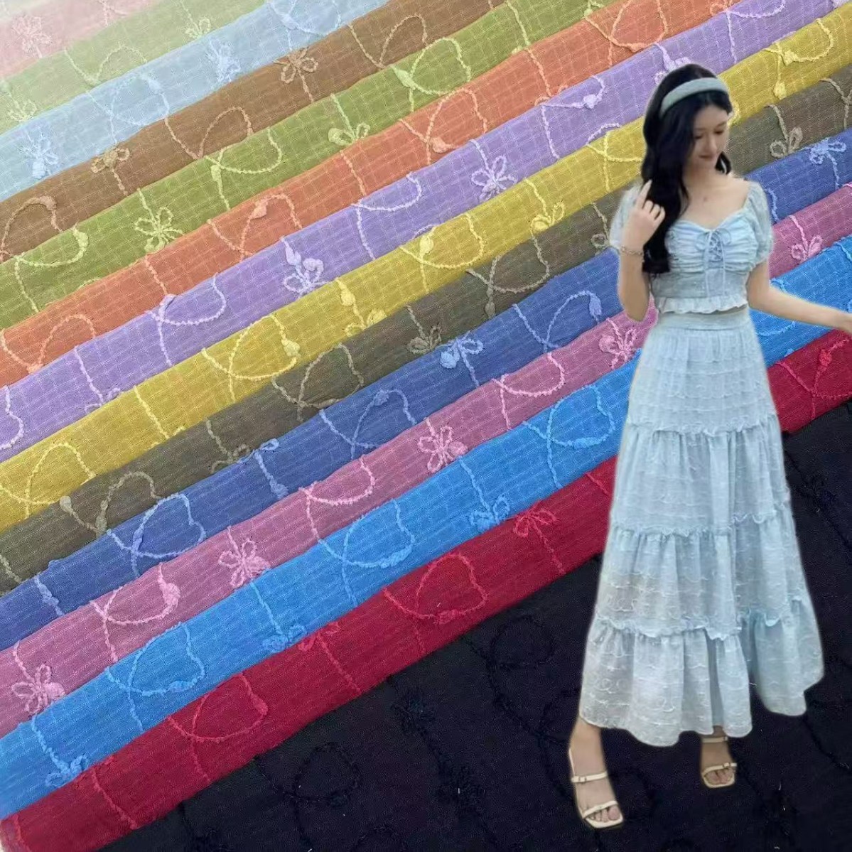 厂家直销雪纺爱心刺绣发圈饰品包包鞋子连衣裙吊带裙套装女装面料