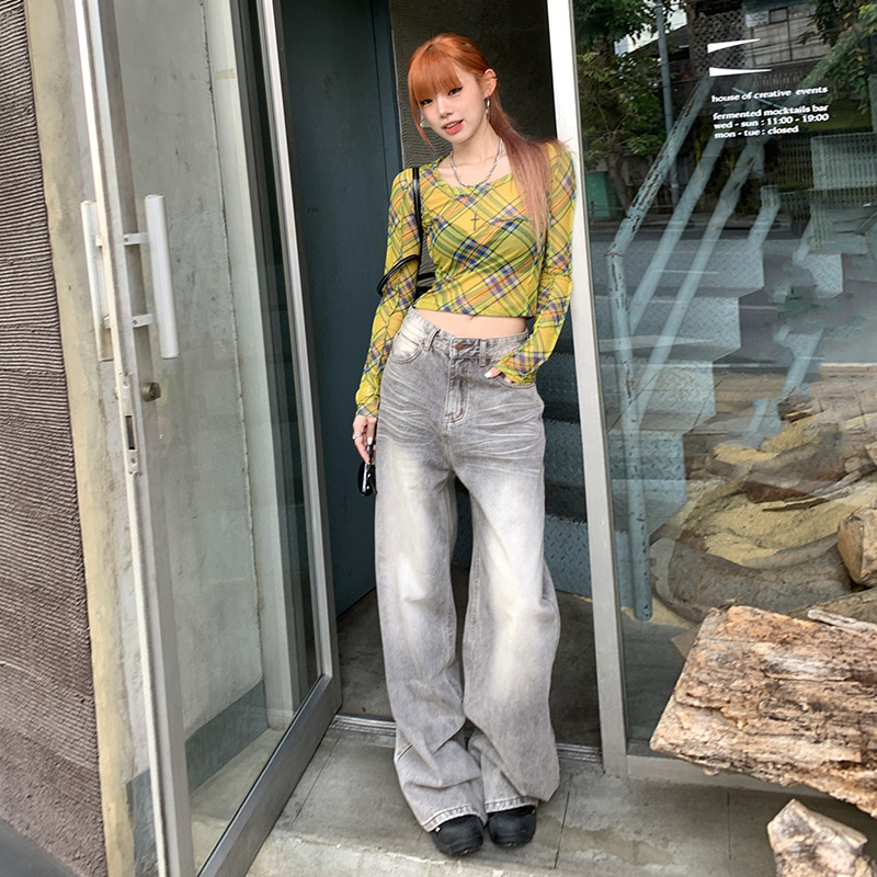 American-style distressed gray wide-leg jeans women's 2020 Spring New straight loose high waist slimming mop pants