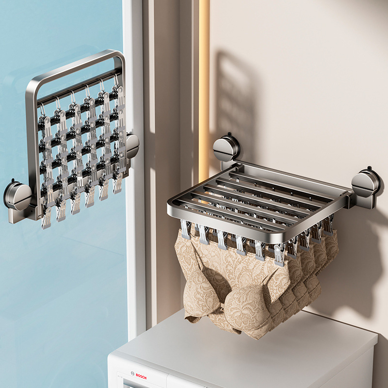 Suction Cup Sock Drying Rack for Indoor Home Use, Balcony Underwear Drying Rack, Wall-Mounted Multi-Clip Folding Clothes Rack