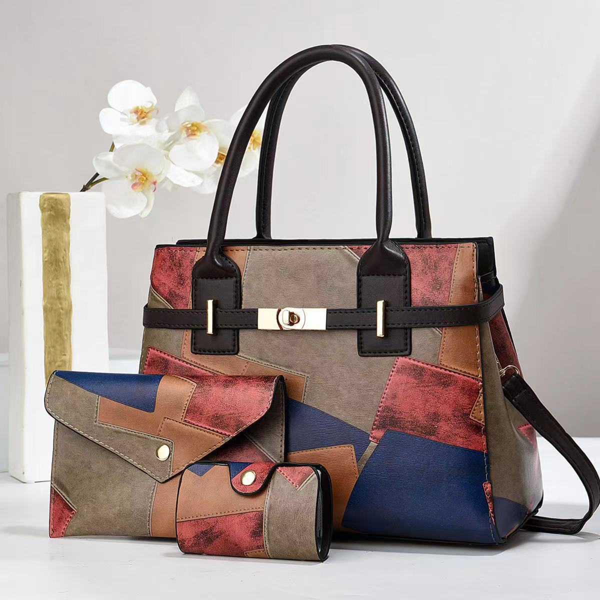 962g Weight Polyester Cotton Lining Material Women's Pu Leather Color Block Elegant Classic Style Square Zipper Bag Sets Tote Bag