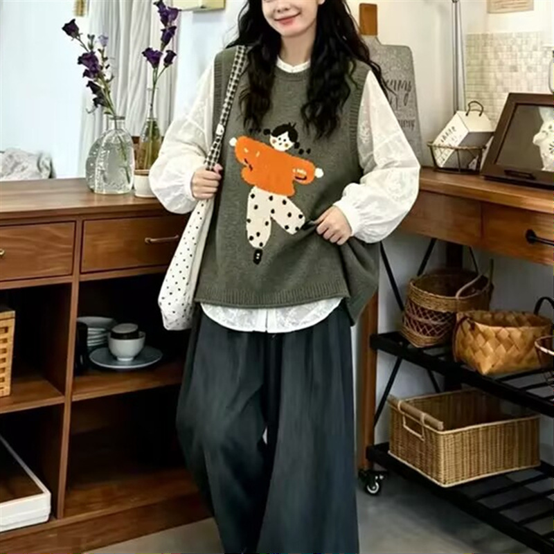 Loose Round Neck Jacquard Knit Vest for Women, 2026 Autumn/Winter Outerwear, Korean Style Layered Sweater, Sleeveless Top Loose Round Neck Jacquard Knit Vest for Women, 2026 Autumn/Winter Outerwear, Korean Style Layered Sweater, Sleeveless Top
