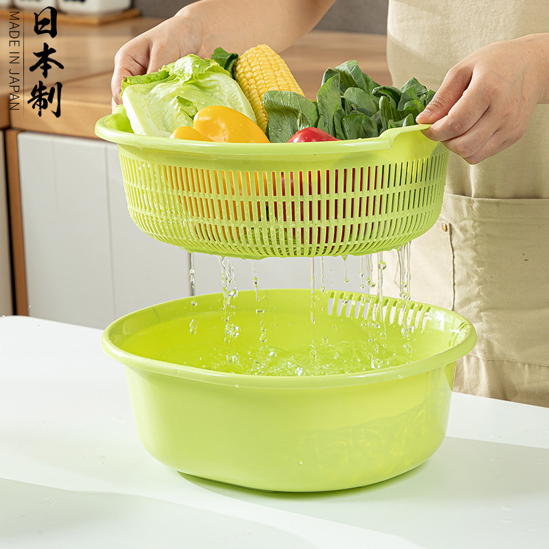 日本进口厨房双层塑料沥水篮洗菜盆碗碟水果蔬菜篮淘米沥水菜篮