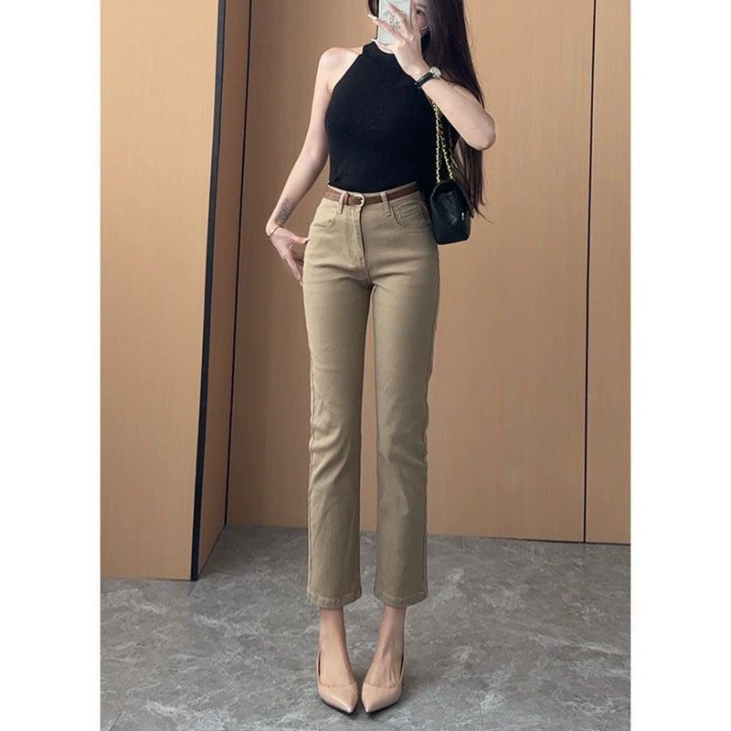 Классические прямые джинсы цвета хаки в стиле «старые деньги» для женщин, лето 2025, новые эластичные укороченные брюки-сигареты с высокой талией