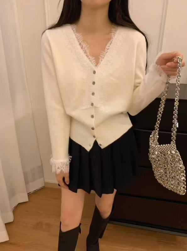 法式蕾丝毛衣女秋冬2025新款时尚气质设计感长袖针织衫打底衫上衣|undefined