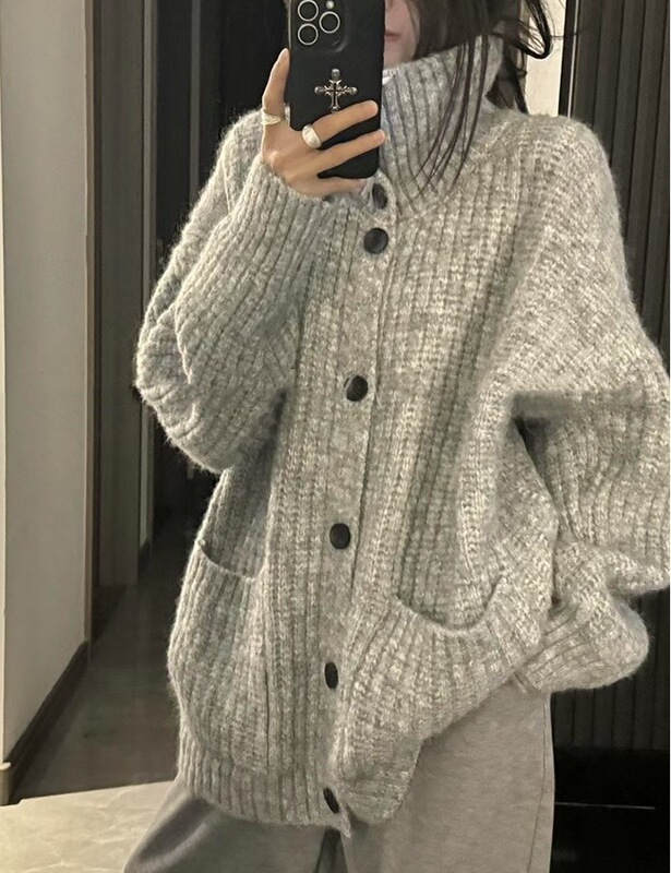 外贸大码慵懒风翻领毛衣女装秋冬新款高级氛围感软糯针织开衫外套|undefined