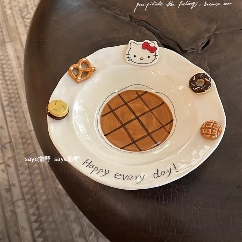 hellokitty盘子彩盘子陶瓷立体浮雕可爱饭碗餐家用沙拉菜盘碗分格|undefined