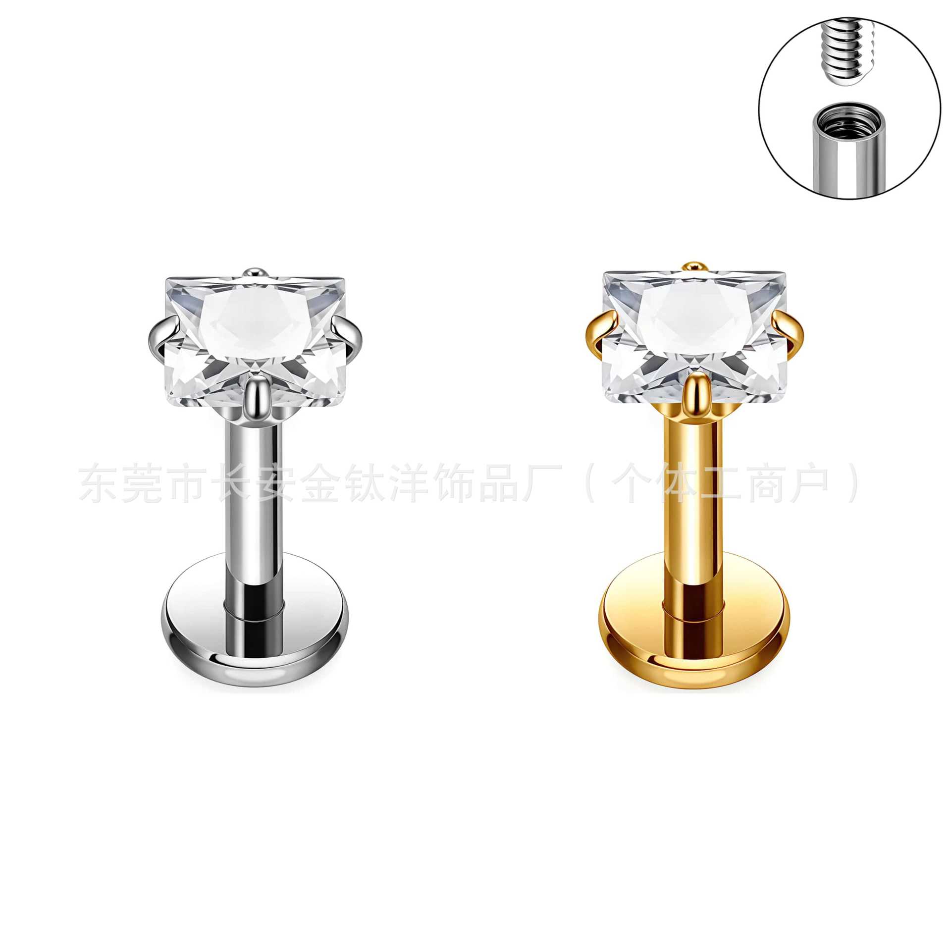 F136 Titanium Four-Claw Inlaid 5A Square Zircon Nose Nail Earrings Ear Bone Nail G23 Titanium Alloy Body Piercing Jewelry detail image 8