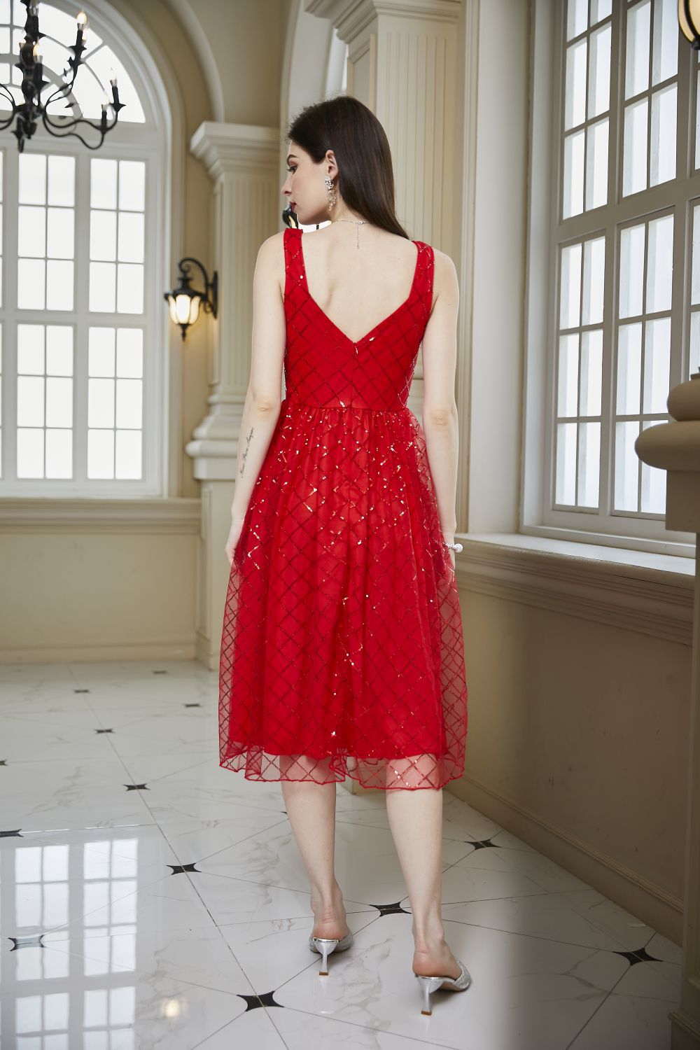 El comercio exterior de Europa y América nuevo vestido de Amazon sin mangas Delgado lentejuelas rojo banquete vestido rojo Vestido corto
