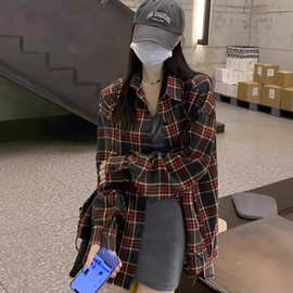 厂家直销叠穿格子衬衫女春秋宽松设计感小众衬衣外套中长款休闲上