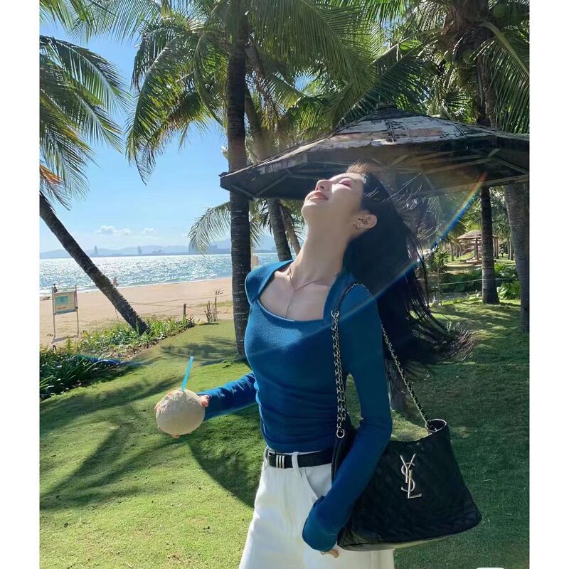 Gongyu Weng 2025 Spring New Trend Turquoise Blue Solid Color Slim Fit Fashion T-Shirt Picture Color Solid Color