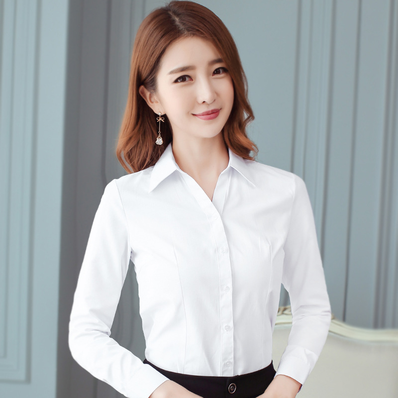 白色衬衫女长袖夏秋工作服正装工装短袖条纹职业装打底黑白衬衣寸