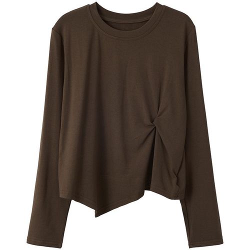 Women's Spring Large Size Fat Mm Tummy Covering Unstructured Long Sleeve T-Shirt, Stylish Short Length Straight Shoulder Top