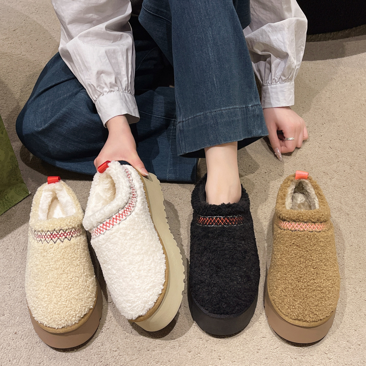 厚底卷毛毛休闲懒人鞋女2024秋冬季新款韩版包头半拖鞋加绒棉拖女
