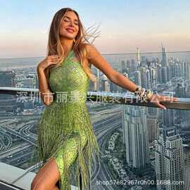 现货演出服歌手主持车模特Dj嘉宾绿色流苏连体长裙舞蹈台成人茶壶