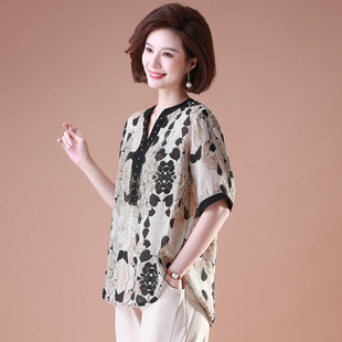Mother's summer short-sleeved shirt clothing western style 2024 new middle-aged and elderly women's plus size belly-covered cotton and linen shirt thin