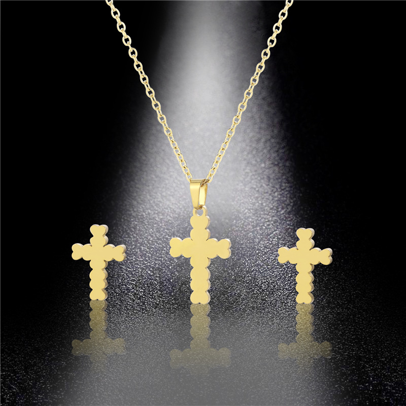 fashion simple stainless steel cross necklace earrings set