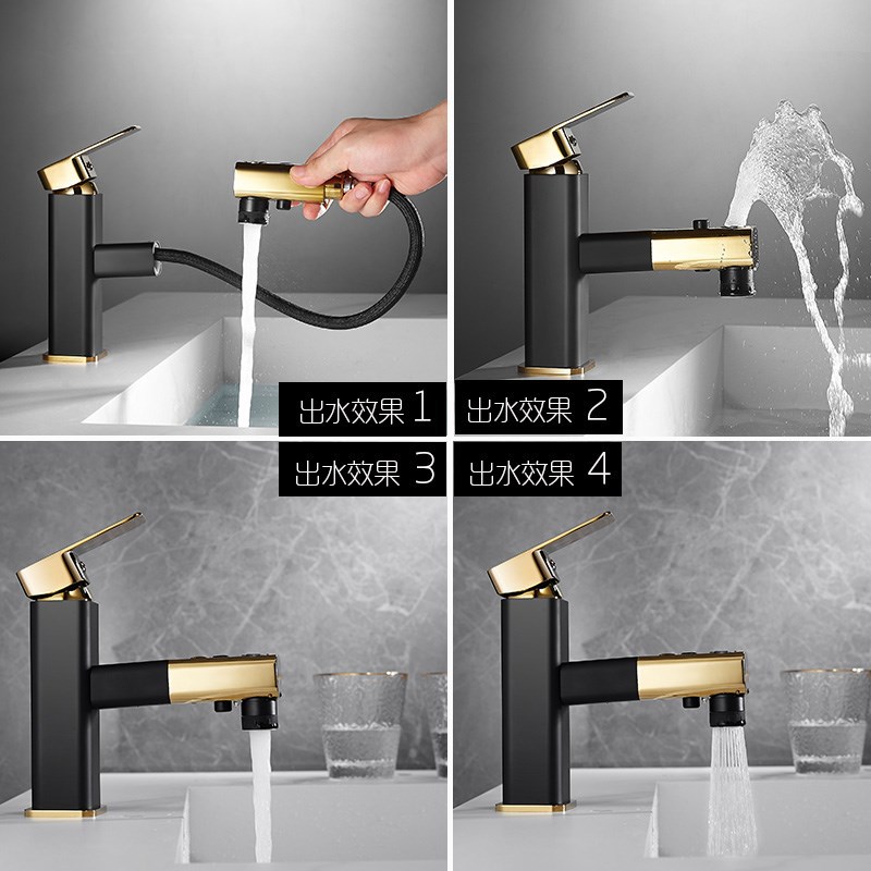 All-Copper Black Faucet Retractable Hot and Cold Washbasin Bathroom Countertop Basin Bathroom Face Wash Pull-Out Washbasin