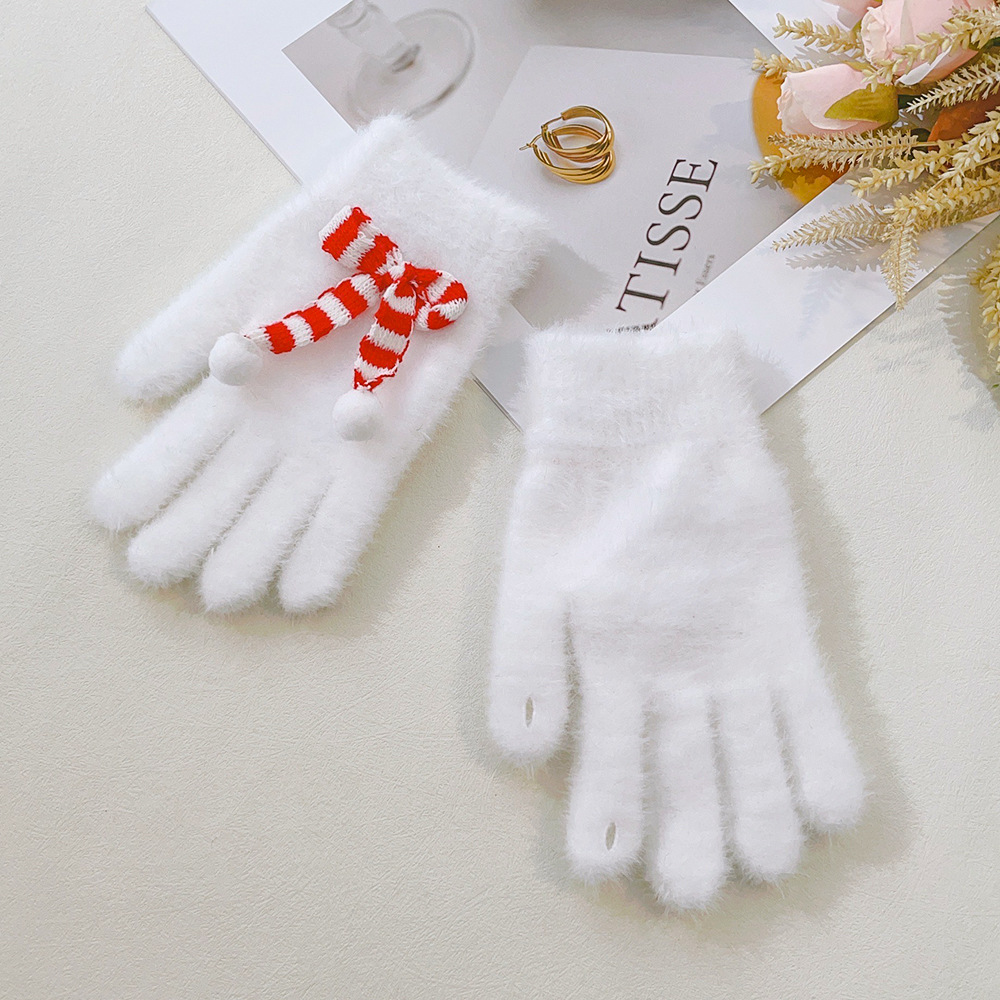Knitted keep warm men's gloves with bow