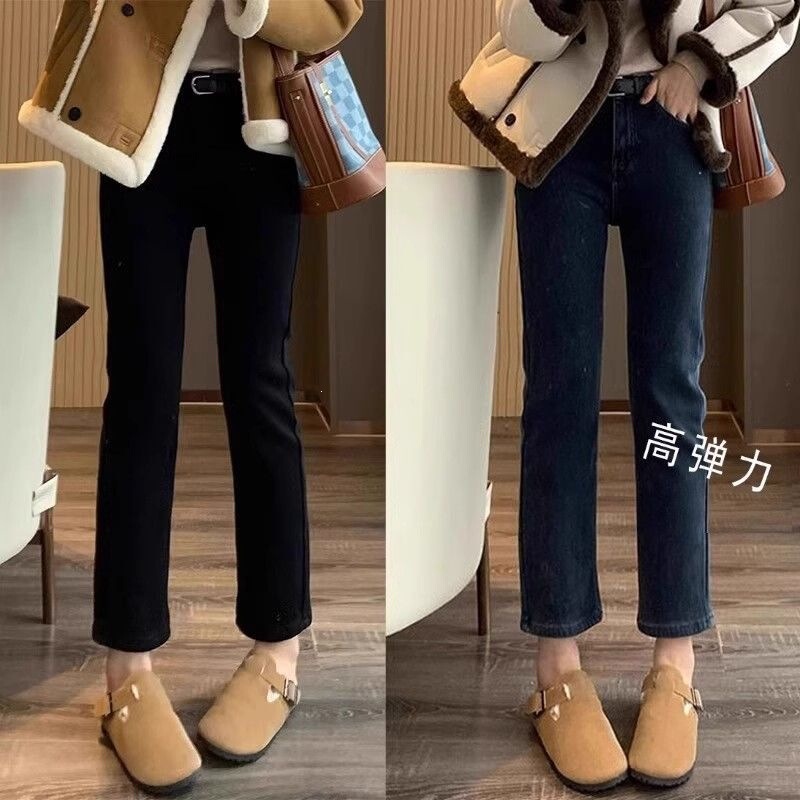 Smoked-leg pants, spring and autumn, cropped length, plus-size, fleece-lined, straight-leg jeans for women, black, new style, high-waisted, slimming effect, suitable for petite figures