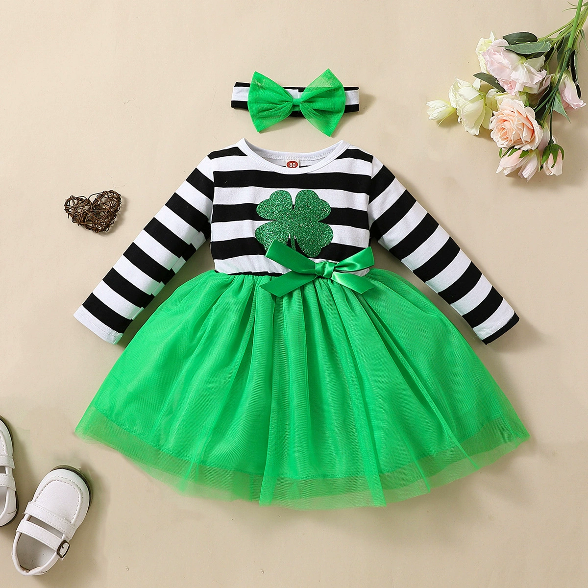 Осеннее платье для девочек весной и осенью с длинными рукавами в полоску с четырьмя листьями из сетки сшивания юбка оптовая юбка принцессы