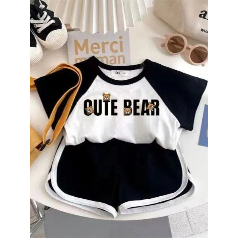 2025 Moschino Summer New Round Neck Pullover Children's Clothing Printed Bear T-Shirt Raglan Short-Sleeved Baby Suit