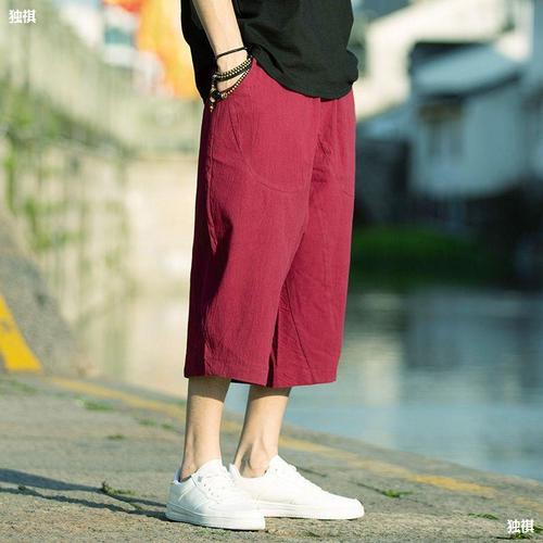 Men's Summer 7/8 Length Linen Casual Loose Straight Leg Pants Chinese Style Wide Leg Cotton-Linen Beach Shorts Trendy