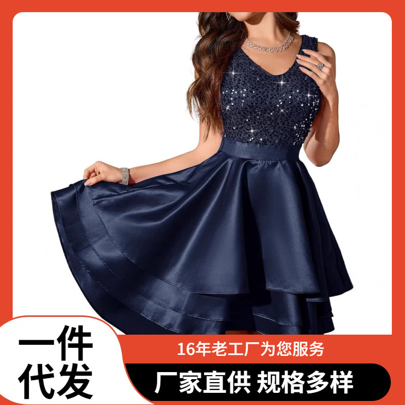 2025 Amazon Cross-Border Sequin Prom Dress Cocktail Party Shiny Short V-Neck A-Line Skirt for Women