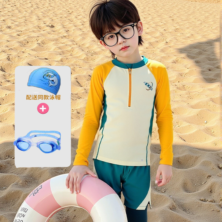 男童中大童夏季分体式套装游泳衣长袖防晒儿童海边度假风泳装潮款|undefined