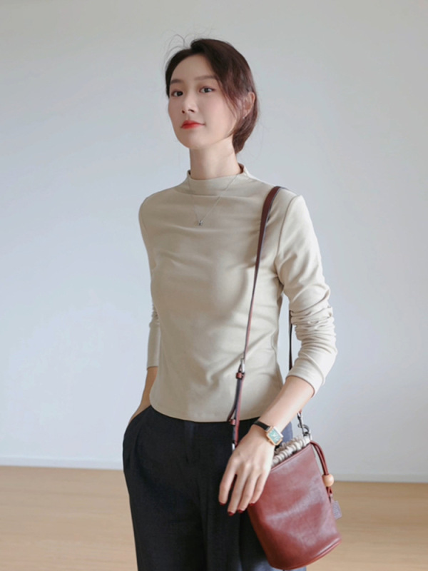 醋酸德绒羊毛T恤长袖女秋冬保暖修身内搭叠穿打底衫半高领针织衫|undefined