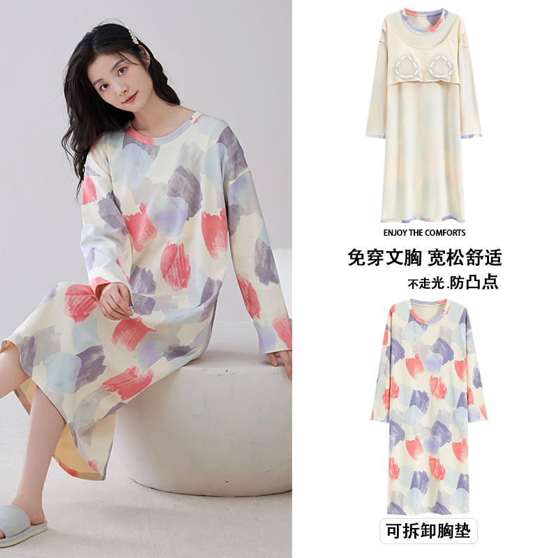 Camisón de las mujeres con almohadilla en el pecho verano primavera y otoño algodón manga larga delgada nuevo leopardo pijamas de algodón de las mujeres desgaste del hogar