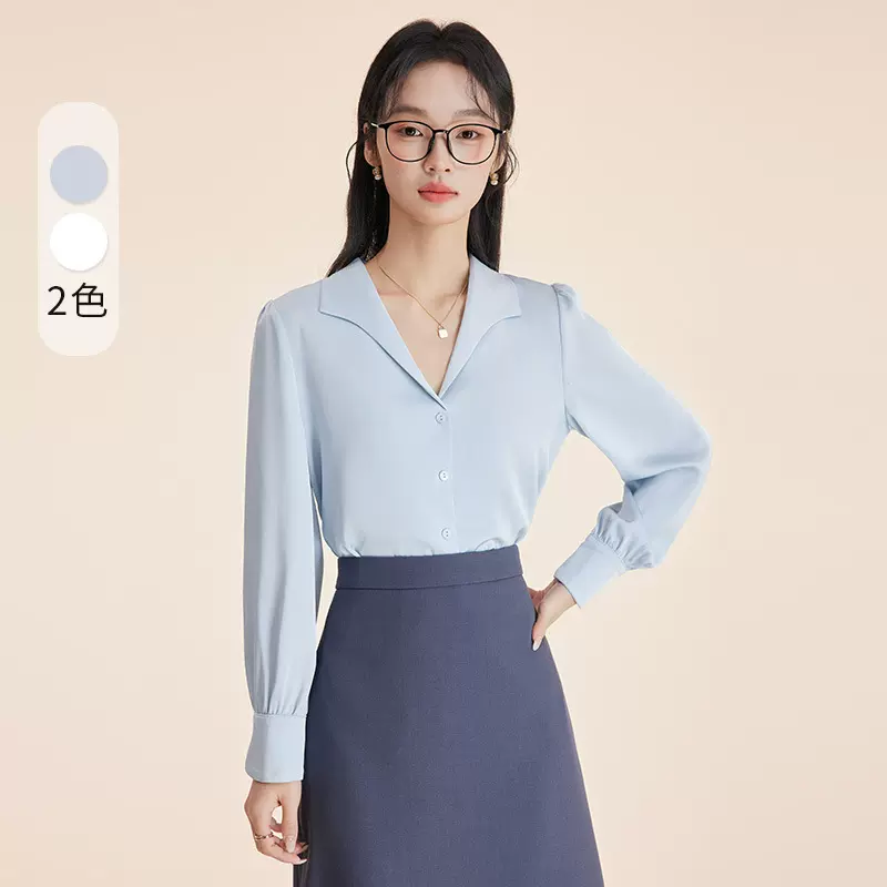 蓝色翻领衬衫短袖教资大学生考公职业面试穿搭女士套装夏款上衣