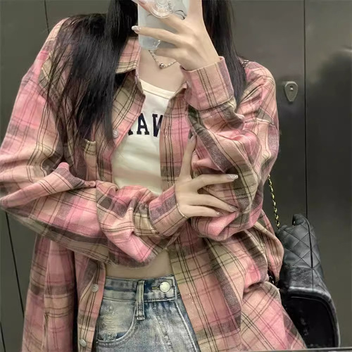 Plaid shirt women's spring summer autumn new Korean style fashionable petite retro long-sleeved blouse casual jacket