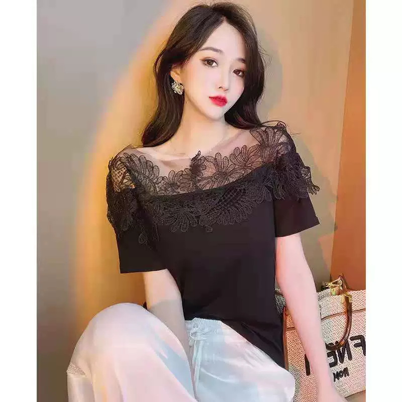 Европейская станция женская одежда летняя Европейская сверхпрочная Черная Кружевная футболка с короткими рукавами и открытыми плечами с вышивкой сверху для женщин Новинка 2021