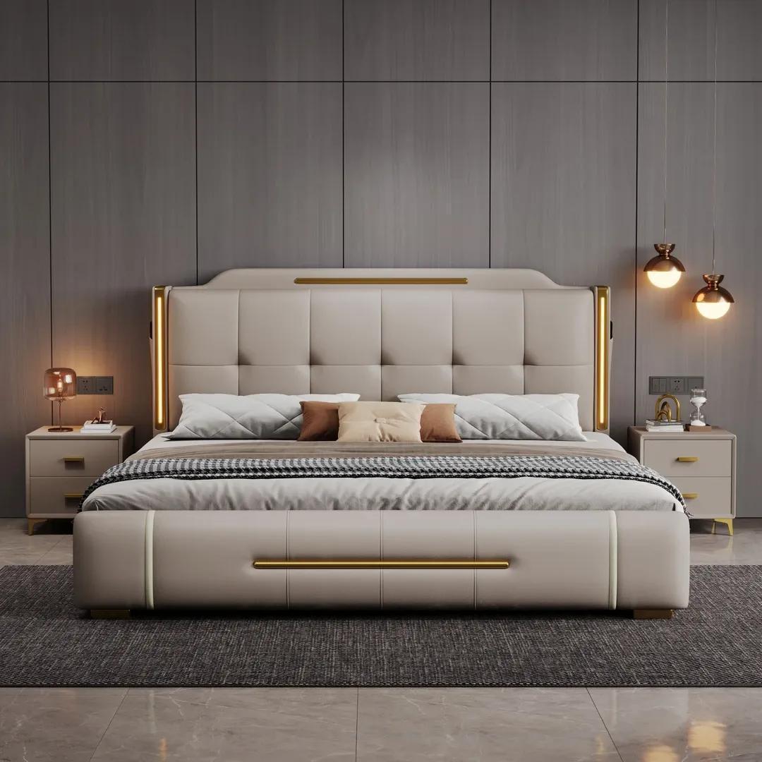 Light Luxury Leather Bed 1.8m Modern Minimalist Master Bedroom High-End Elegant Double Bed 2m Italian-Style Upholstered Storage Wedding Bed
