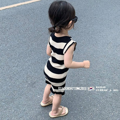 Girls summer small fragrant style striped skirt 2023 new children's sleeveless waistcoat mid-length skirt hip skirt dress