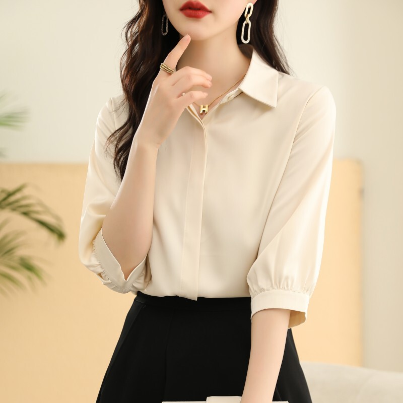 Women's Commuter Shirt, Short Sleeve, 2026 Spring/Summer, Satin Ol Professional Formal Top, Slim Fit, Mid-Sleeve, Elegant Commuter Style Women's Commuter Shirt, Short Sleeve, 2026 Spring/Summer, Satin Ol Professional Formal Top, Slim Fit, Mid-Sleeve, Elegant Commuter Style