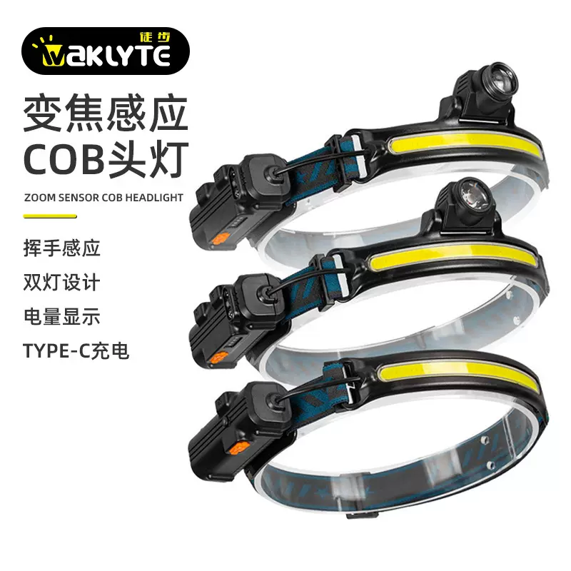 跨境新款led感应头灯户外钓鱼变焦照明灯野外强光电筒cob充电矿灯