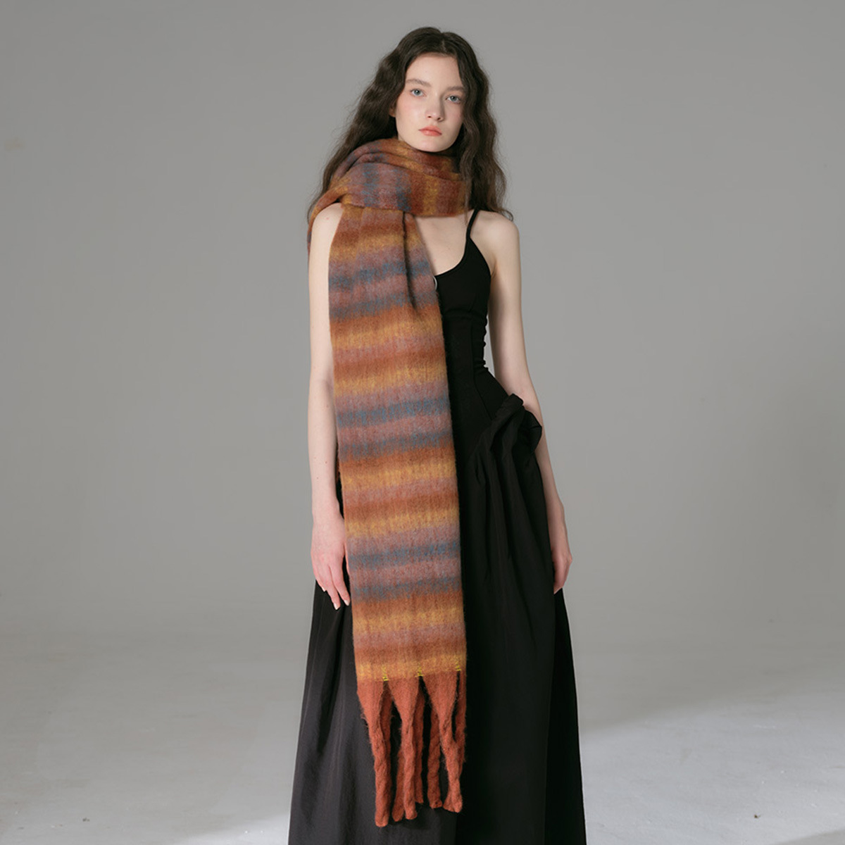 Retro-amerikanischer farblich passender Streifen-Imitat-Kaschmir-dicker Bartschal-Damen-Winteratmosphäre, warmer, weicher Latzumhang_voghion.com