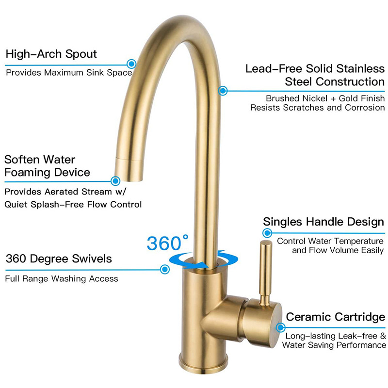 De acero inoxidable de Oro grifo de la cocina cepillado cara de oro Cuenca del lavabo de mezcla de cocina grifo caliente y fría