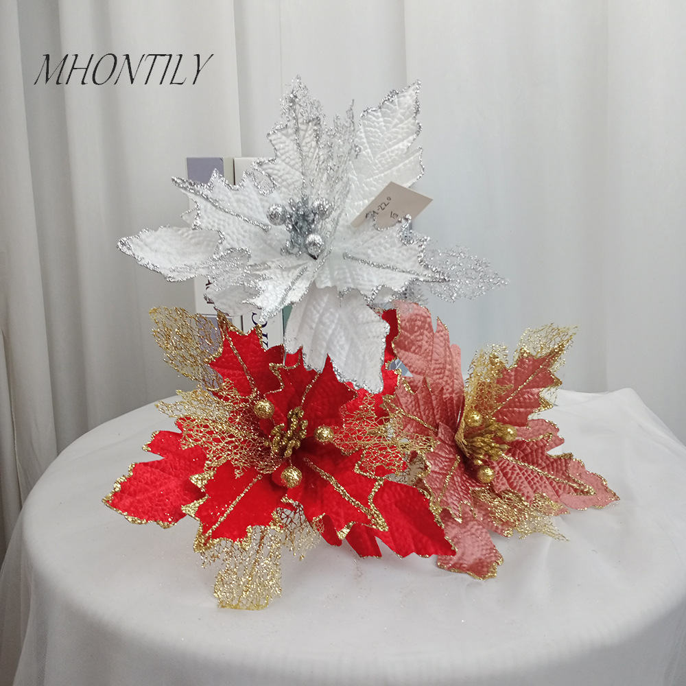 GH-220聖旦家居裝飾用品網紗撒粉聖誕花聖誕樹裝飾配件仿真聖誕花